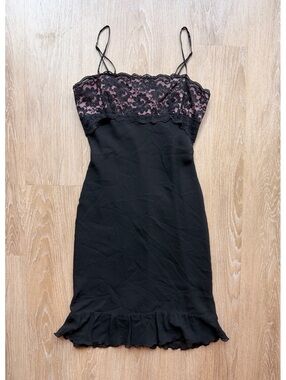 Y2K Vintage Express Black Pink Silk Lace Coquette Romantic Slip Dress